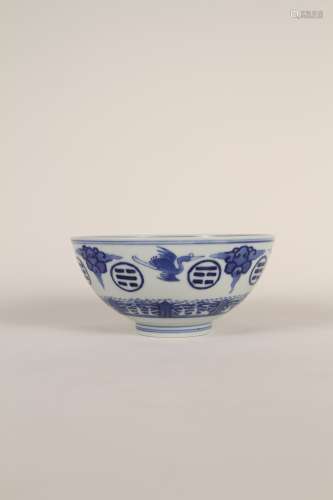 A Chinese 19th-century blue-and-white cloud crane bowl
