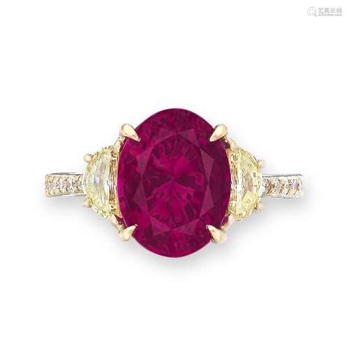 RUBY, COLOURED DIAMOND AND DIAMOND RING