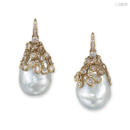NO RESERVE - BAROQUE PEARL AND COLOURED DIAMOND EARRINGS2000...