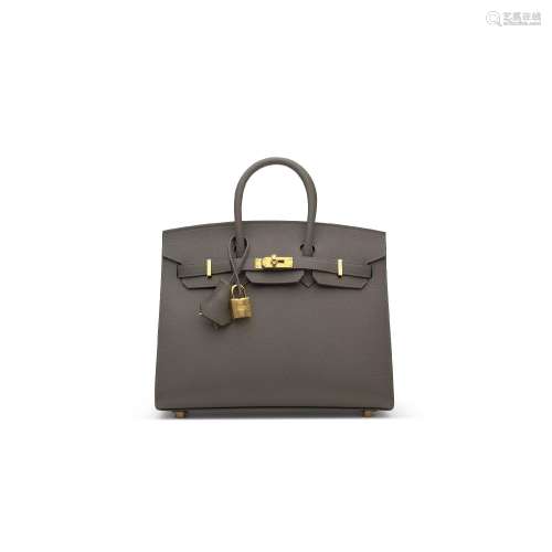 A GRIS MEYER EPSOM LEATHER SELLIER BIRKIN 25 WITH GOLD HARDW...