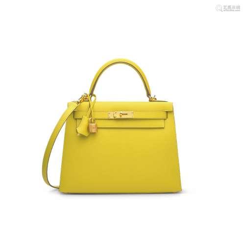 A LIME EPSOM LEATHER SELLIER KELLY 28 WITH GOLD HARDWAREHERM...
