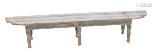 A BLUE-PAINTED HALL BENCH OR WINDOW SEAT