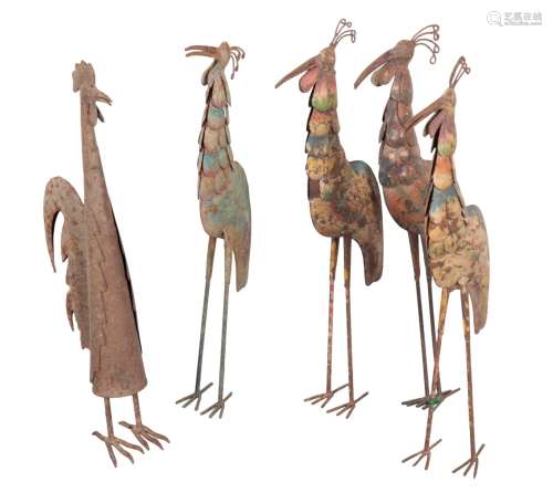 A GROUP OF FIVE PAINTED METAL BIRDS