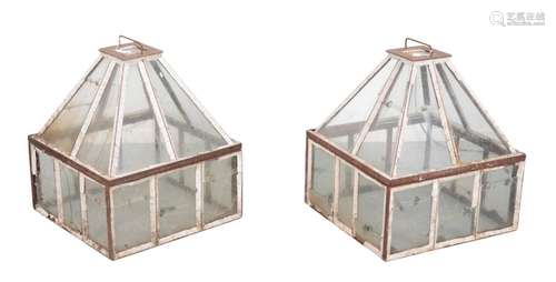 TWO WHITE-PAINTED GARDEN LANTERN CLOCHE