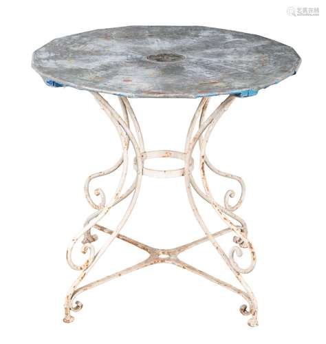 A WHITE-PAINTED AND GALVANISED METAL GARDEN TABLE