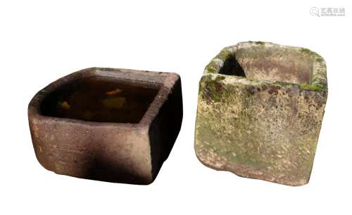 TWO SHAPED STONE FOUNTAIN BASINS OR TROUGHS