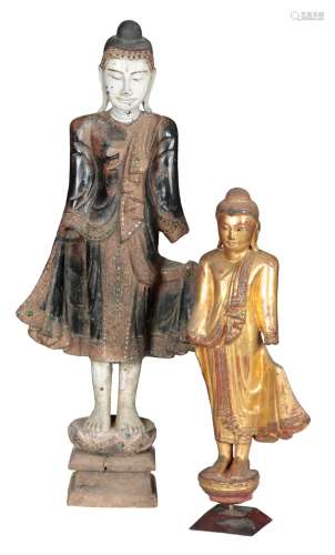 TWO PAINTED AND CARVED WOOD BUDDHA