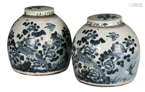 A PAIR OF CHINESE BLUE AND WHITE STONEWARE GINGER JARS