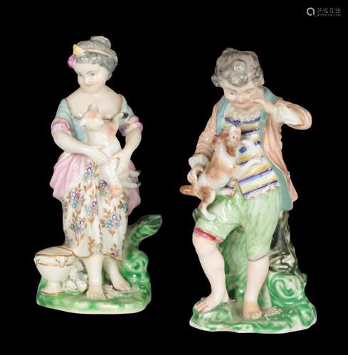 A PAIR OF 18TH CENTURY DUESBURY & CO DERBY PORCELAIN FIG...