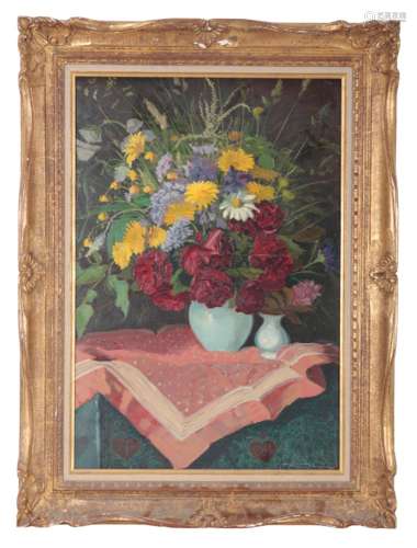 20TH GERMAN SCHOOL - STILL LIFE WITH TWO VASES OF FLOWERS