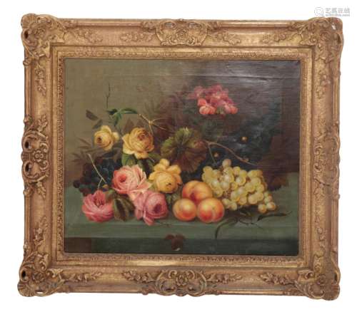 E. STEELE - STILL LIFE STUDY WITH ROSES, GRAPES AND PEACHES