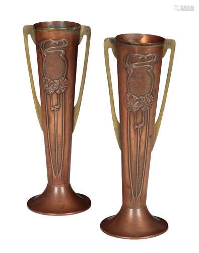 A PAIR OF ART NOUVEAU COPPER VASES