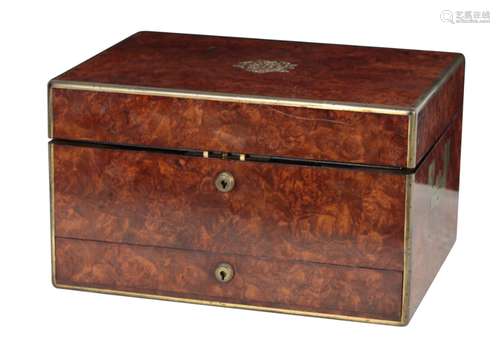 A VICTORIAN BURR WALNUT AND BRASS MOUNTED DRESSING BOX BY WI...