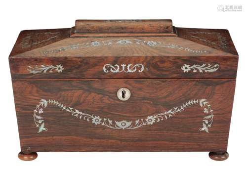 A REGENCY ROSEWOOD AND MOTHER OF PEARL INLAID TEA CADDY