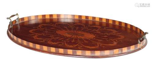 AN EDWARDIAN MAHOGANY AND MARQUETRY SERVING TRAY