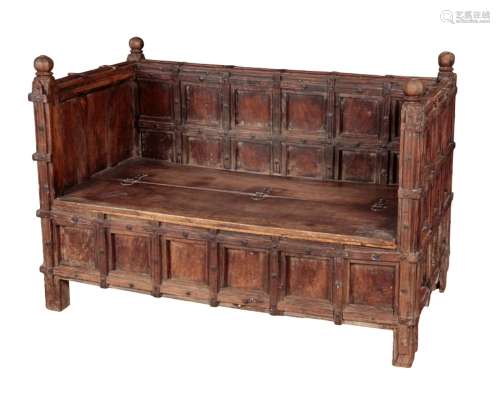 AN INDIAN PANELLED WOOD HALL BENCH