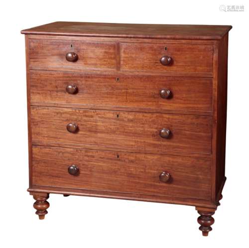 A VICTORIAN FIGURED MAHOGANY CHEST OF DRAWERS