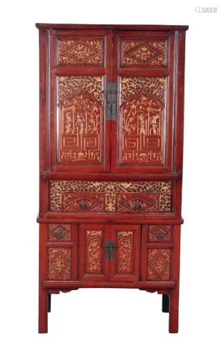 A CHINESE RED LACQUER CABINET ON STAND