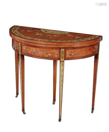 AN EDWARDIAN MAHOGANY DEMI-LUNE CARD TABLE, STAMPED GILLOWS