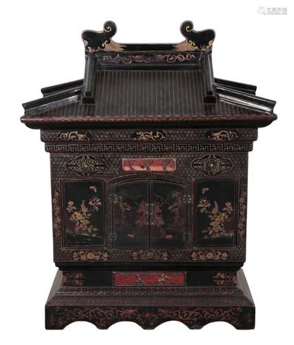 A CHINESE ARCHITECTURAL BLACK LACQUERED CABINET