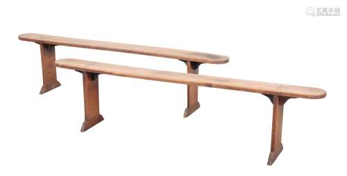 TWO FARMHOUSE FRUITWOOD TRESTLE BENCHES