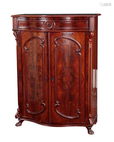 A 19TH CENTURY DANISH FIGURED MAHOGANY SERPENTINE FRONTED CA...