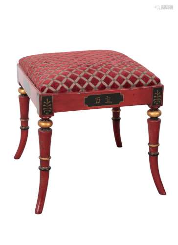 A CHINOISERIE RED LACQUER STOOL, WITH MORGAN AND SANDERS LAB...