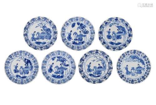 A set of seven blue and white porcelain deep dishes with sca...
