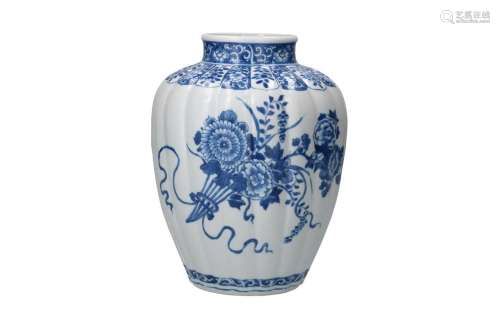 A blue and white porcelain vase with lobed belly