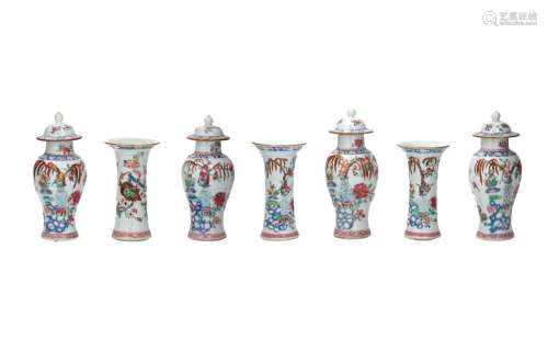 A 7-piece famille rose porcelain garniture