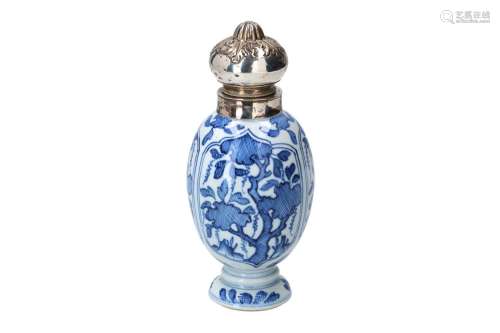 A blue and white porcelain tea caddy with silver Biedermeier...