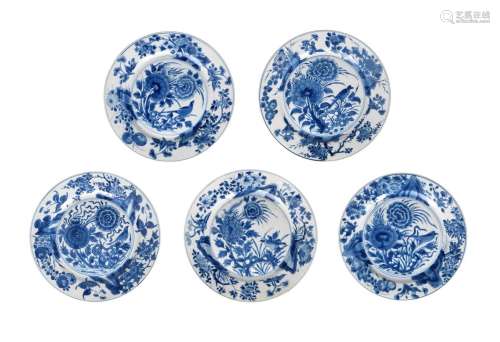 A set of five blue and white porcelain dishes