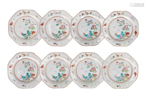 A set of eight octagonal famille rose porcelain dishes