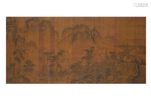 A scroll painting depicting a mountainous landscape