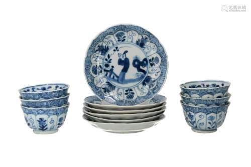 A set of six blue and white lobed porcelain cups with saucer...