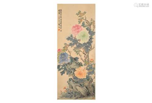 A scroll painting depicting flowers