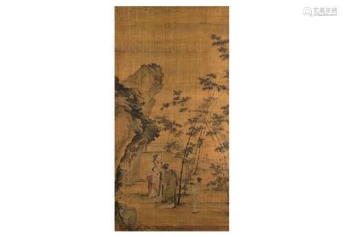 A scroll painting depicting lofty scholars admiring bamboo