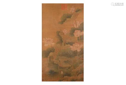 A scroll painting depicting lotus flowers