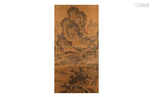 A scroll painting depicting a mountainous landscape