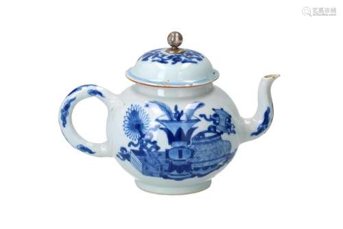 A blue and white porcelain teapot with silver knob