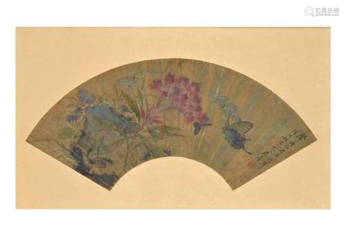 A fan-shaped scroll painting depicting flowers and butterfli...