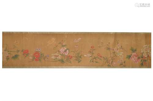 A scroll painting depicting flowers and characters