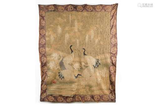 A silk tapestry depicting birds and flowers