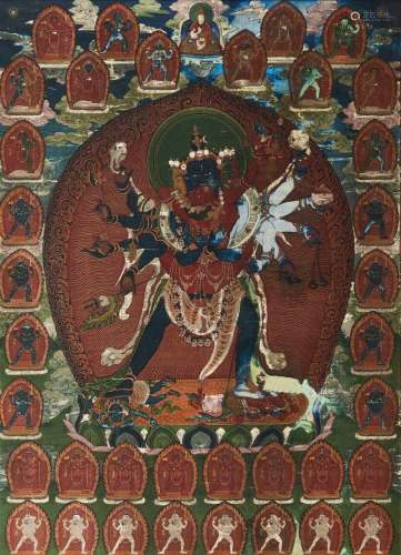 Thangka en polychromie sur toile représentant le Yidam (divi...
