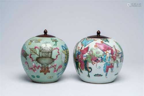 Two Chinese famille rose jars with wooden covers with antiqu...