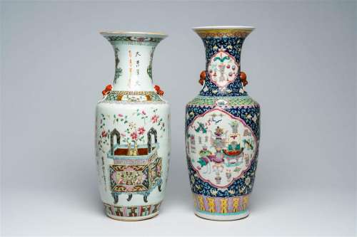 Two Chinese famille rose vases with flower baskets and antiq...