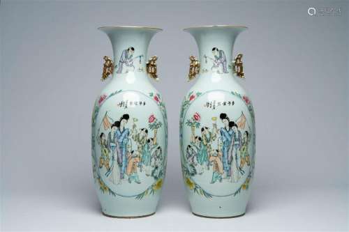 A pair of Chinese famille rose vases with court ladies and p...