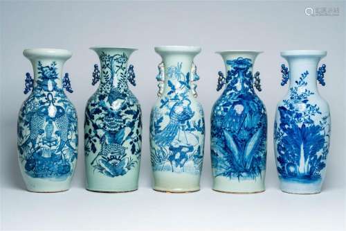 Five Chinese blue, white and celadon ground vases with anima...