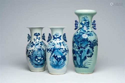 Three Chinese blue and white celadon ground vases with birds...