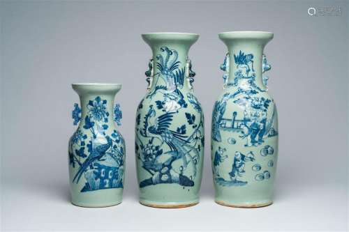 Three Chinese blue and white celadon ground vases with figur...